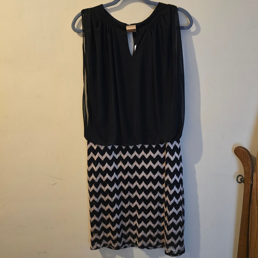 Perceptions New York Black Chevron Metallic Blouson Sheath Dress Gold Trim 12